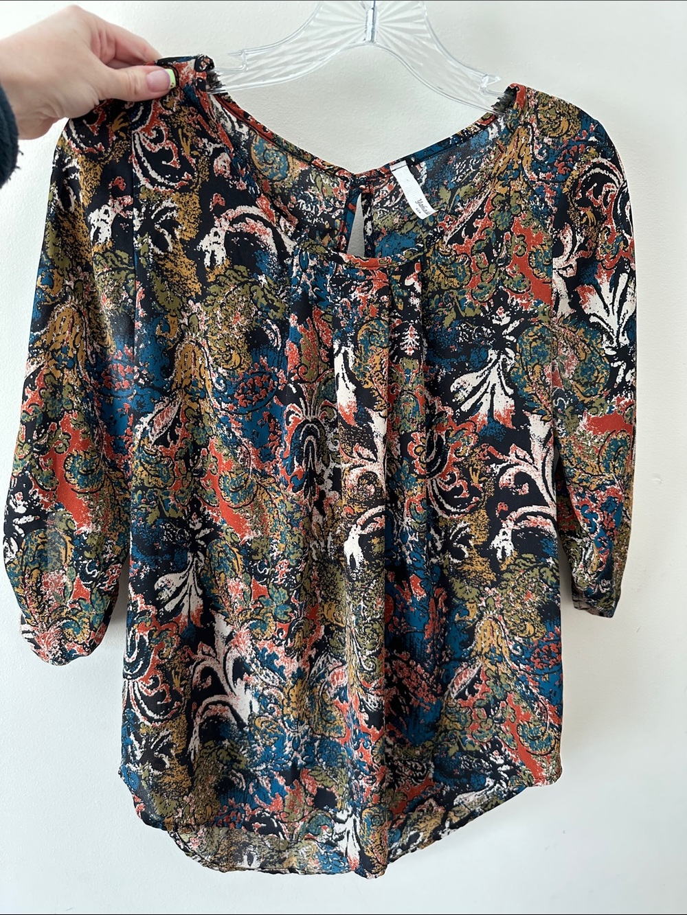 Yahada Multicolor Abstract Keyhole Blouse — Teal, Rust & Olive